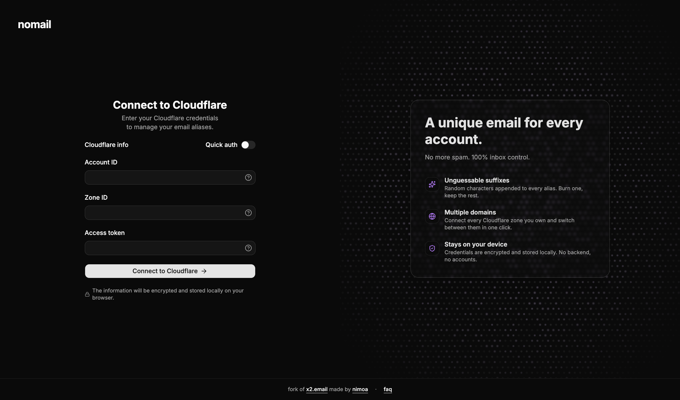 screenshot: nomail home / alias list
